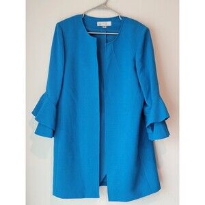 Tahari ASL Blazer Blue Formal Long Coat Ruffle Sleeves Size 12
